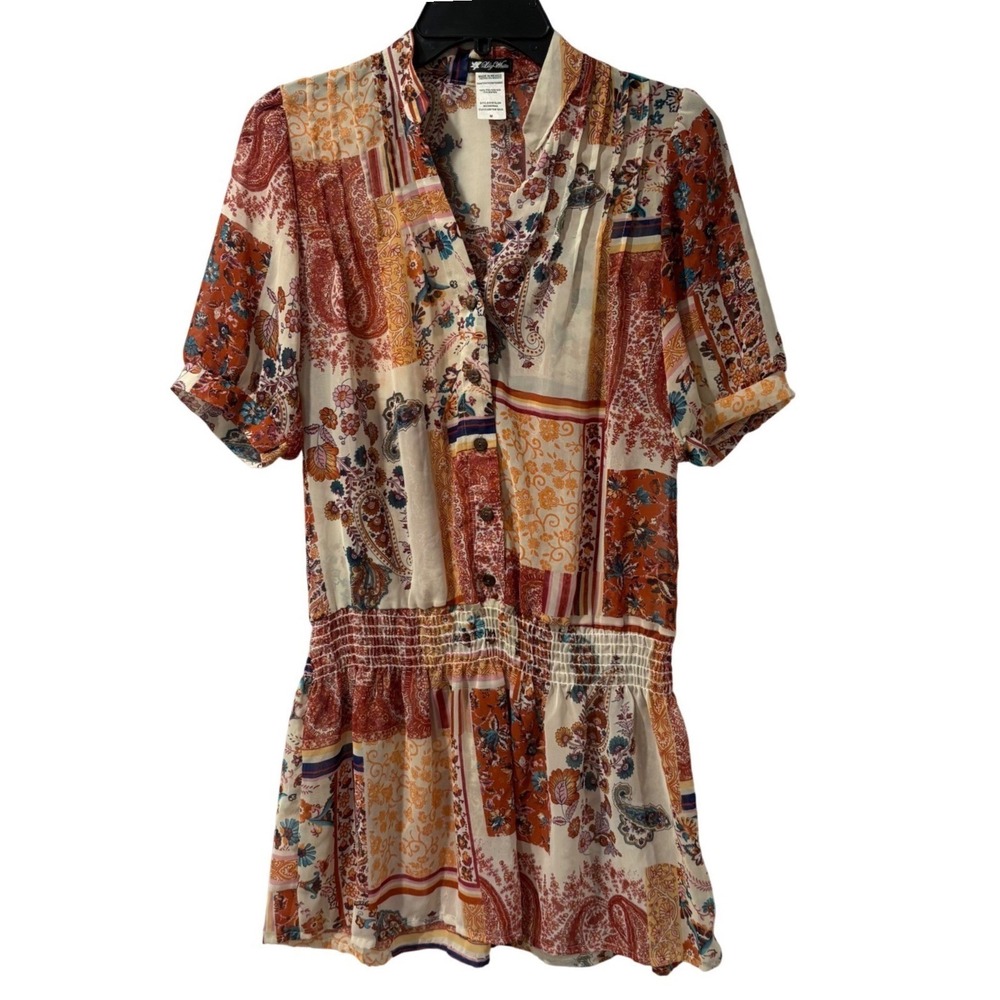 Boho Patchwork Dress Orange Floral Drop Waist Tunic Festival M